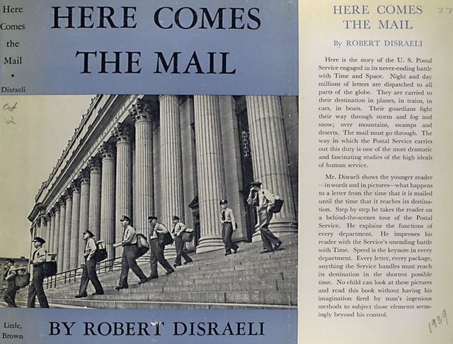 "Here is the story of the U.S. Postal Service in it's never-ending battle with Time and Space," reads the jacket of this book cover from 1939.